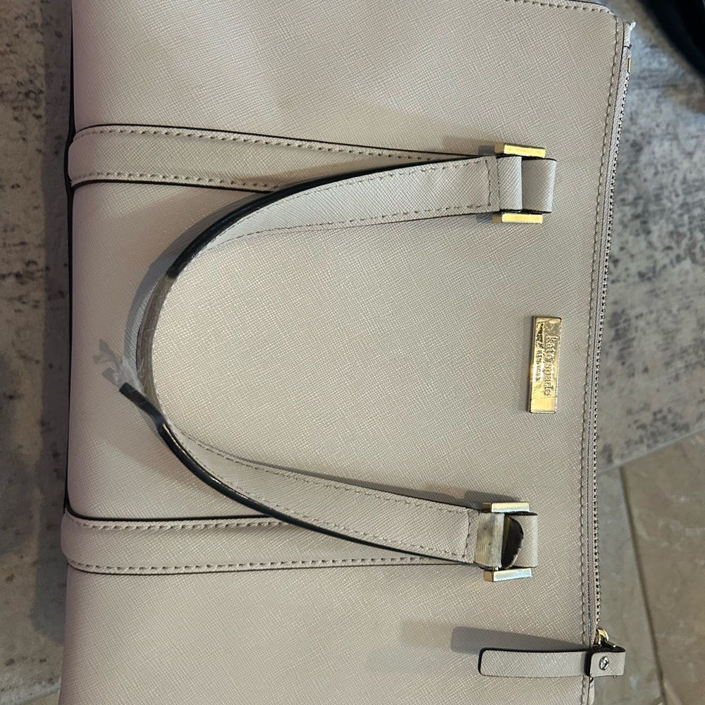 Beige Structured Leather Tote Bag with Gold Hardware